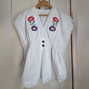 Embroidered White Top with Floral Design